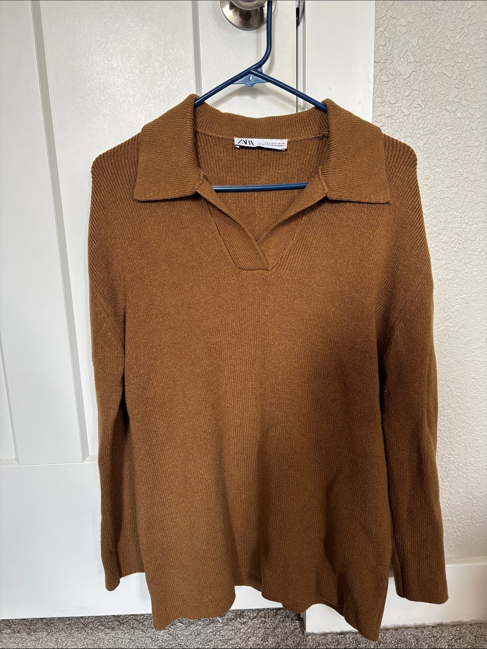 ZARA Chestnut Brown Collared V‑Neck Sweater